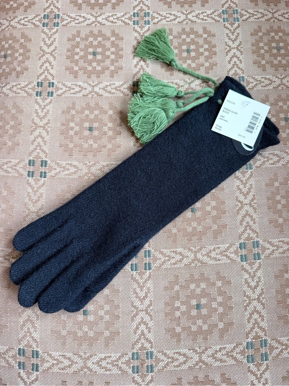 Cole Haan 100% Cashmere Fringe Gloves Black w/ Green Tassels NWT